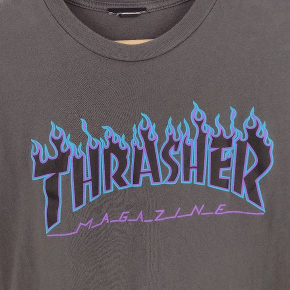 Thrasher Classic Flame Logo Skate Magazine Gray Blue & Purple T-Shirt - Picture 2 of 5